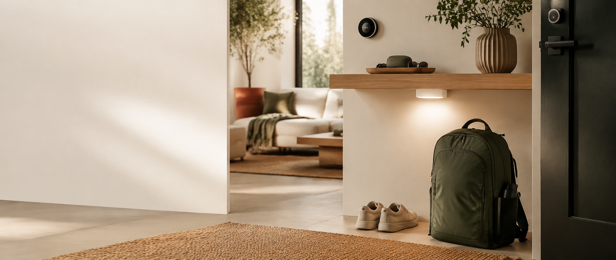 Modern home entryway with smart lighting and travel backpack